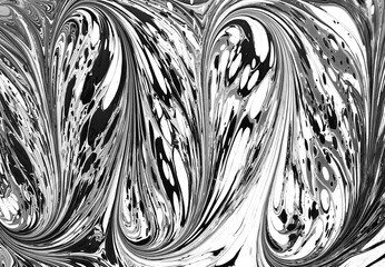 The background is painted in the style of Ebru in black and white