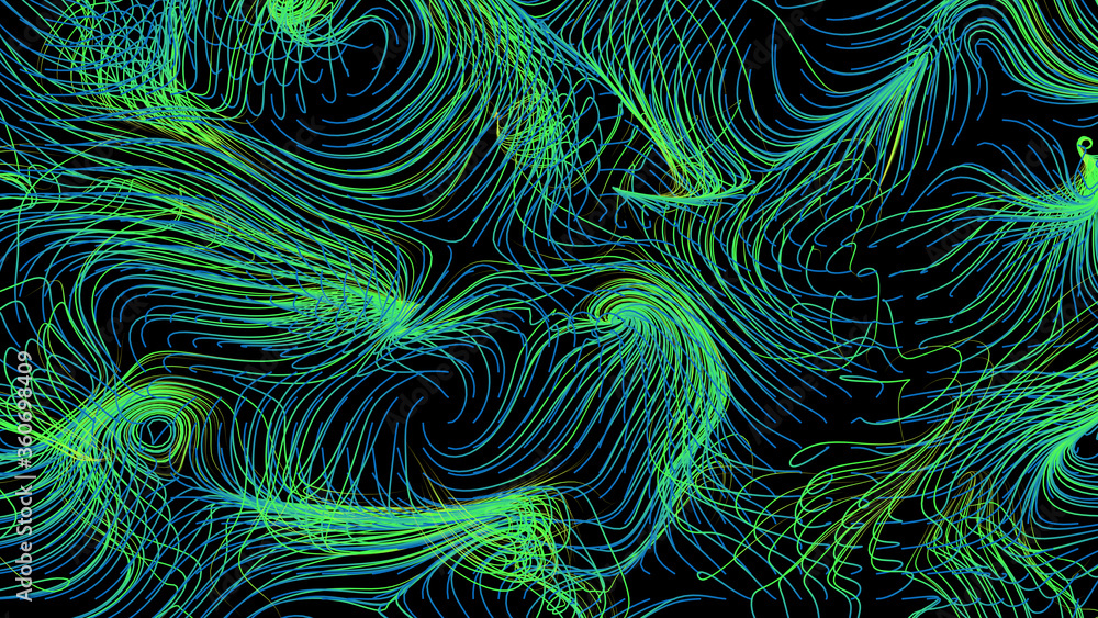 Poster 3d render of flow field visualization. lines are curled and turbulence by wind simulation. scientifi