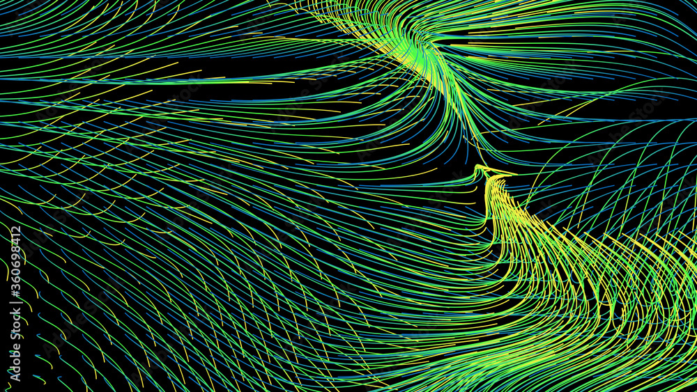 Poster 3d render of flow field visualization. lines are curled and turbulence by wind simulation. scientifi