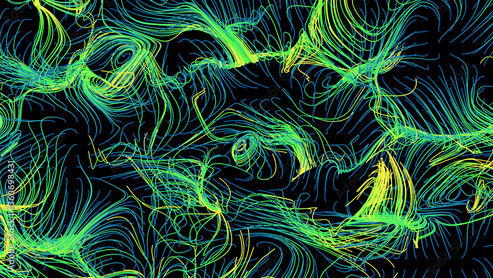 Poster 3d render of flow field visualization. lines are curled and turbulence by wind simulation. scientifi