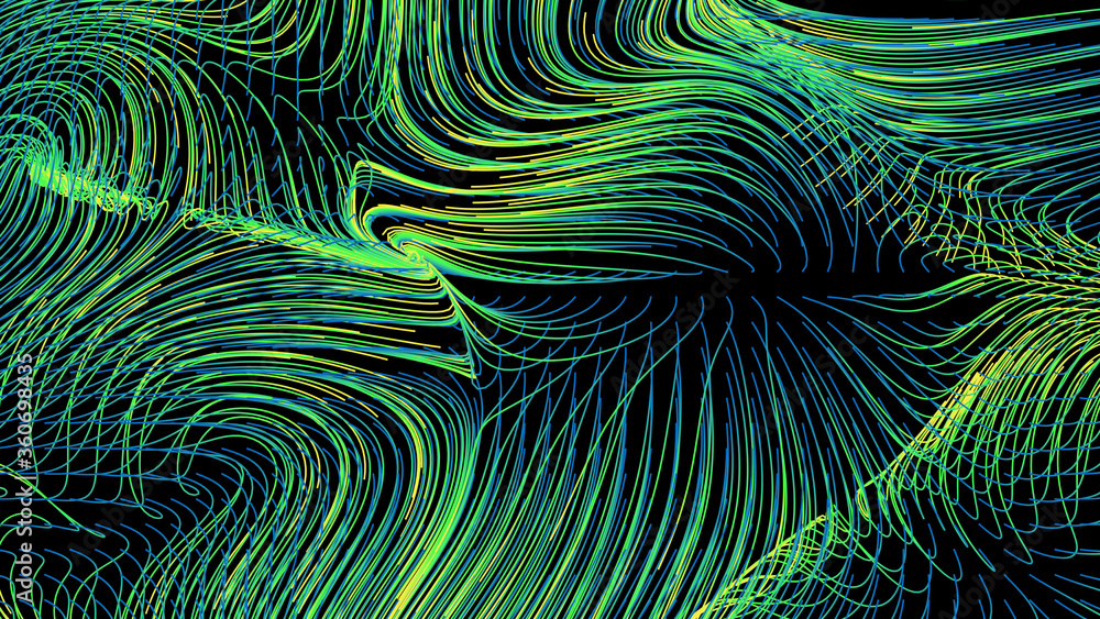 Poster 3d render of flow field visualization. lines are curled and turbulence by wind simulation. scientifi