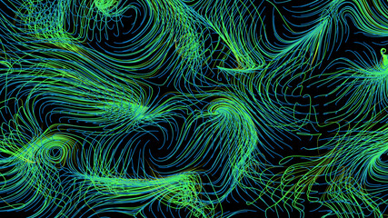 3d render of flow field visualization. Lines are curled and turbulence by wind simulation. Scientific concept background..... - obrazy, fototapety, plakaty