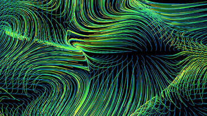 3d render of flow field visualization. Lines are curled and turbulence by wind simulation. Scientific concept background..... - 360698435
