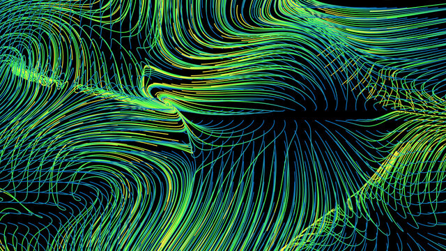 3d Render Of Flow Field Visualization. Lines Are Curled And Turbulence By Wind Simulation. Scientific Concept Background.....