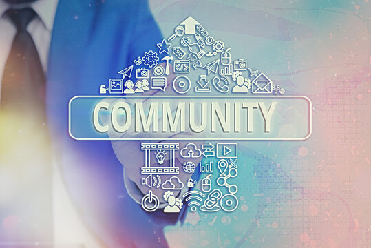 Handwriting text writing Community. Conceptual photo group of showing with a common characteristics living together Information digital technology network connection infographic elements icon
