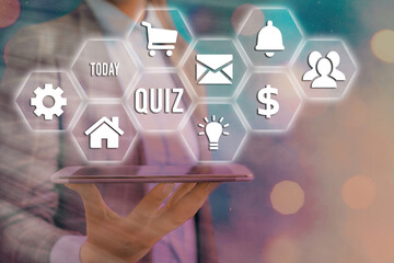 Word writing text Quiz. Business photo showcasing form of game in which the players attempt to...