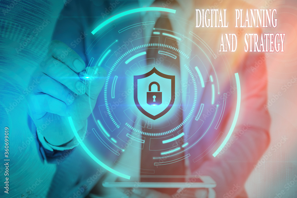 Fototapete writing note showing digital planning and strategy. business concept for business analysis in online