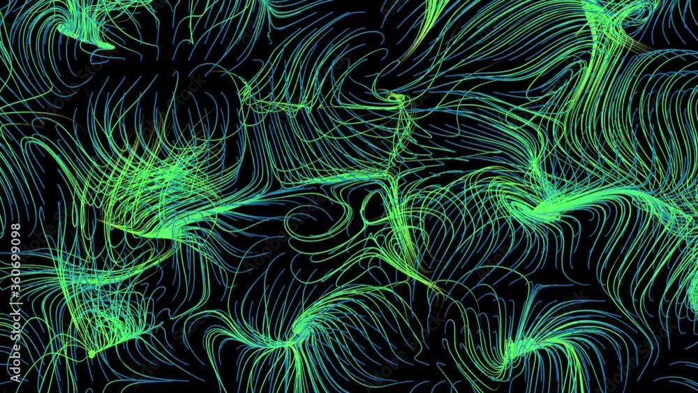 Poster 3d render of flow field visualization. lines are curled and turbulence by wind simulation. scientifi