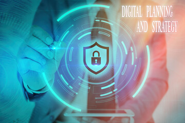 Writing note showing Digital Planning And Strategy. Business concept for business analysis in online marketing channels Graphics padlock for web data information security application system