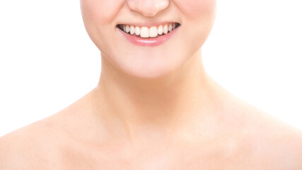Healthy white smile close up. Beautiful young girl with perfect smile, lips and teeth