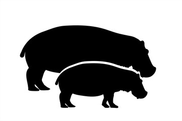 Vector silhouette of couple of hippopotamus. Symbol of wild animal.
