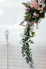 Wedding ceremony arch arrangement decoration. Roses composition isolated on a white background