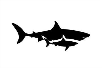 Vector silhouette of family of sharks on white background. Symbol of ocean animal.