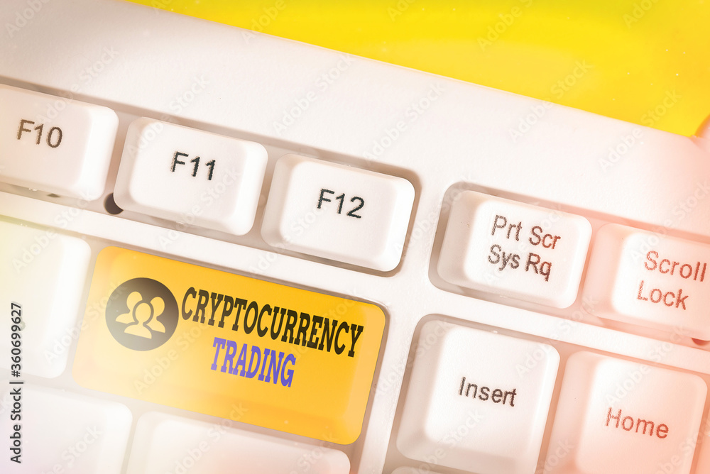 Aufkleber writing note showing cryptocurrency trading. business concept for act speculating on price movements
