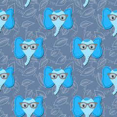 Seamless pattern with cute blue elephant face in sunglasses on floral background. Vector flat animals colorful illustration for kids. Adorable cartoon character. Design for card, fabric, textile.