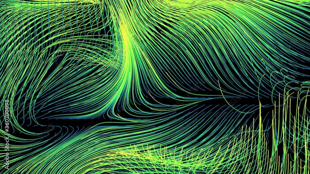 Poster 3d render of flow field visualization. lines are curled and turbulence by wind simulation. scientifi