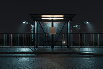 beleuchtete Bushaltestelle bei Nacht. 3D Rendering