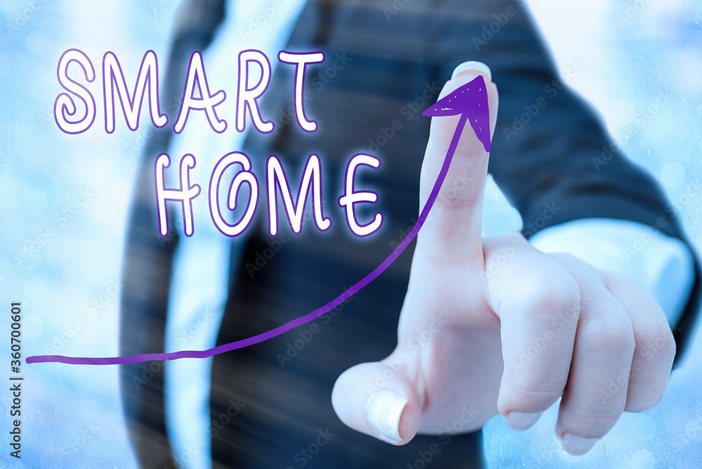 Poster writing note showing smart home. business concept for equipped home can be controlled remotely by ph