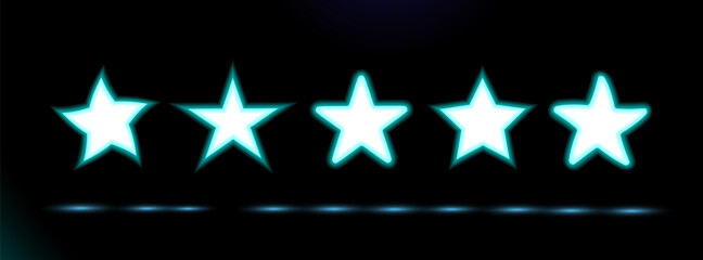 Obraz premium Five blue Neon lamp, glowing stars icon set. Button for presentation design on black background. Fluorescent object. Vector luminescent illumination ad, illustration. Sign holiday shape. Ui Eps 10