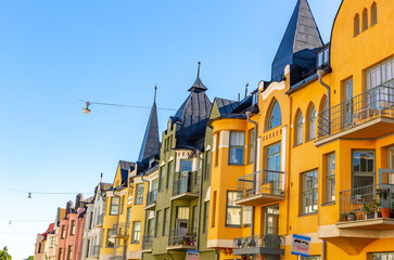 Fototapeta na wymiar Colorful facades of buildings in Helsinki, the capital of Finland, the traditional Scandinavian architecture, Helsinki