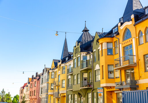 Fototapeta Colorful facades of buildings in Helsinki, the capital of Finland, the traditional Scandinavian architecture, Helsinki