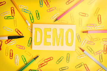 Conceptual hand writing showing Demo. Concept meaning exemplification display expression show...