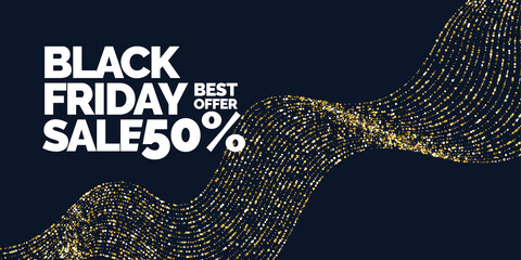 Naklejka premium Black Friday sale banner with gold glitter. Original poster for discount. Bright abstract background with text.