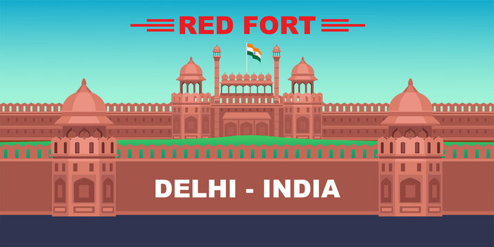 Red Fort in New Dehli, India. Happy Indian Republic day, Indian Independence Day concept, celebration Illustration, poster, banner background. World countries cities vacation travel sightseeing