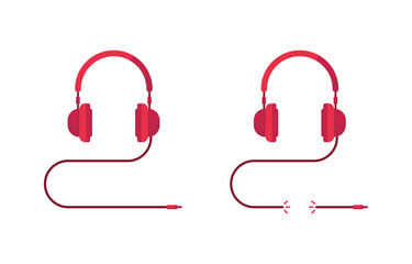 Headphones with a wire. Set of icons for support services, mobile communications. Cut, torn cable. Headphones on a head without a person. Listen to music, talk through earphones. Red. Eps 10 