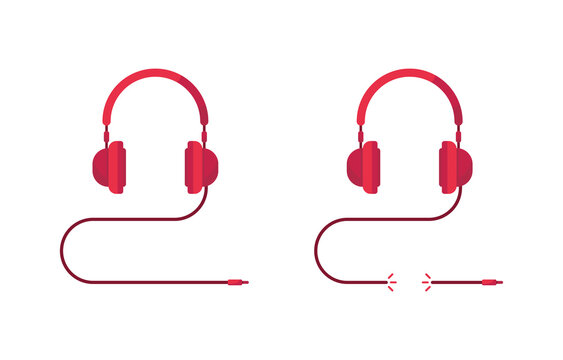 Headphones With A Wire. Set Of Icons For Support Services, Mobile Communications. Cut, Torn Cable. Headphones On A Head Without A Person. Listen To Music, Talk Through Earphones. Red. Eps 10 