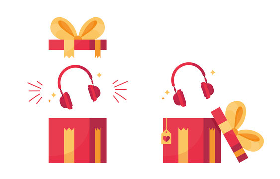 Vector illustration of a gift with headphones. Open, unpacked box. Black Friday, Cyber ​​Monday. The prize won. Gift with a bow for a holiday or event. Sale, discounts. Red and yellow. Eps 10