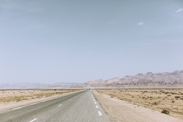 Road in the middle of the desert is scorched by the sun with small bushes. In the background, mountains are visible in the distance
