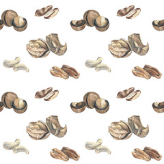 Seamless pattern with nuts (pecan, cashew, walnut, macadamia, Brazil nut) on a white isolated background. Watercolor illustration. Organic and nature friendly design. 
