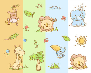Cute baby animals and tropical plants set