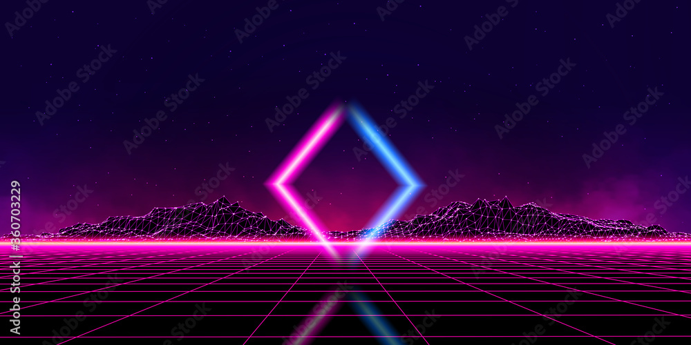 Poster abstract digital landscape with particles dots and stars on horizon. wireframe landscape background.