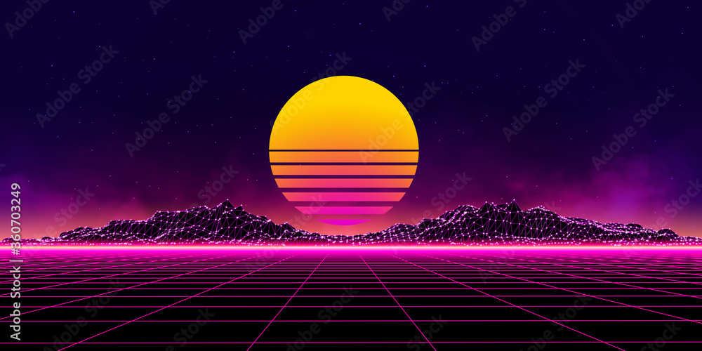 Poster abstract digital landscape with particles dots and stars on horizon. wireframe landscape background.