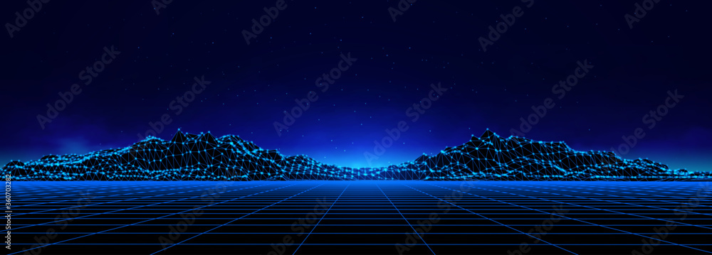Poster abstract digital landscape with particles dots and stars on horizon. wireframe landscape background.