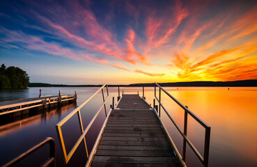 Fototapeta na wymiar Brilliant Sunset over the Lake with Long Exposure