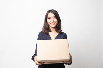 Delivery, relocation and unpacking.  young asian woman holding cardboard box.