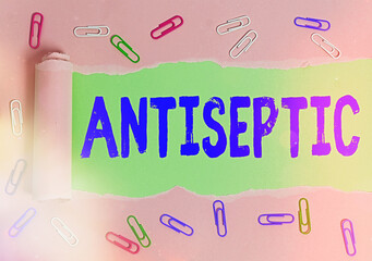 Word writing text Antiseptic. Business photo showcasing antimicrobial agents that delays or...