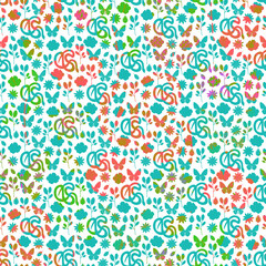 Fototapeta na wymiar Exotic seamless pattern with snake, butterflies, summer flowers and fruits