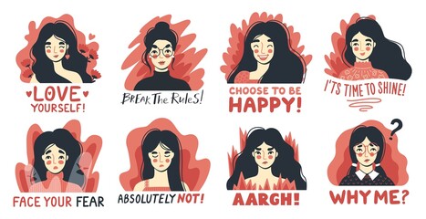 Set of women expressing various emotions with inspirational quotes. Collection of hand drawn girls faces. Stickers and badges with letterings. Flat cartoon vector illustration.