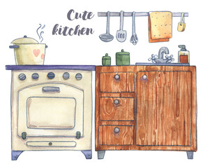 Kitchen stove cabinet washing cooking drawing illustration children watercolor pencil isolated set pan saucepan cute style