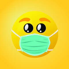 Emoticon with mouth mask - yellow face with eyes wearing a white surgical mask