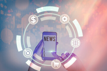 Writing note showing News. Business concept for comprehensive uptodate information from sources all...