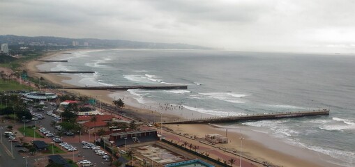 aerial view of the Durban seashore and beach during a winter stormy day