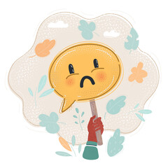Vector illustration of Sad smile hand drawn emoticon sad face in speech bubble ion banner holding by human hand