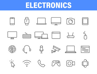 Set of 24 Electronics web icons in line style. Device, phone, laptop, communication, smartphone, ecommerce. Vector illustration.