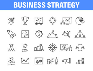 Set of 24 Business strategy web icons in line style. Startup, investment, financial, development, marketing, idea. Vector illustration.