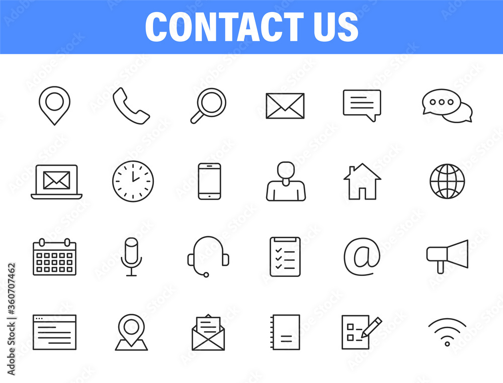 Poster set of 24 contact us web icons in line style. web and mobile icon. chat, support, message, phone. ve